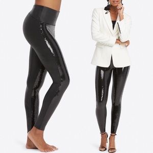 NEW Spanx Faux Leather Sequin Leggings Black M